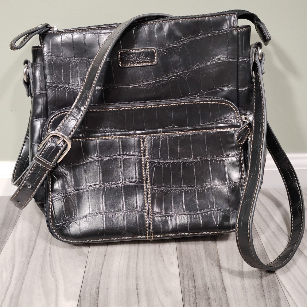 Relic Black Faux Leather Crossbody Bag with Croc Embossed Pattern Minimalist